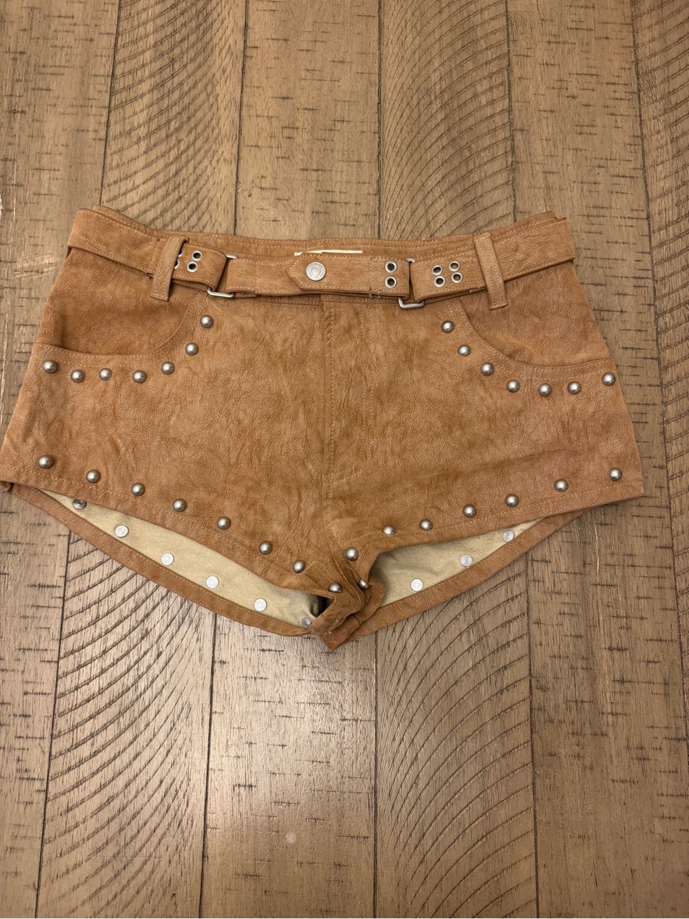 Free People Tan Suede Studded Micro Shorts
